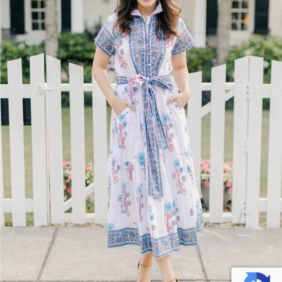 Victoria Dunn Folly Dress Size XS Rosa White Blue Blockprint Midi *no belt - Picture 4 of 12